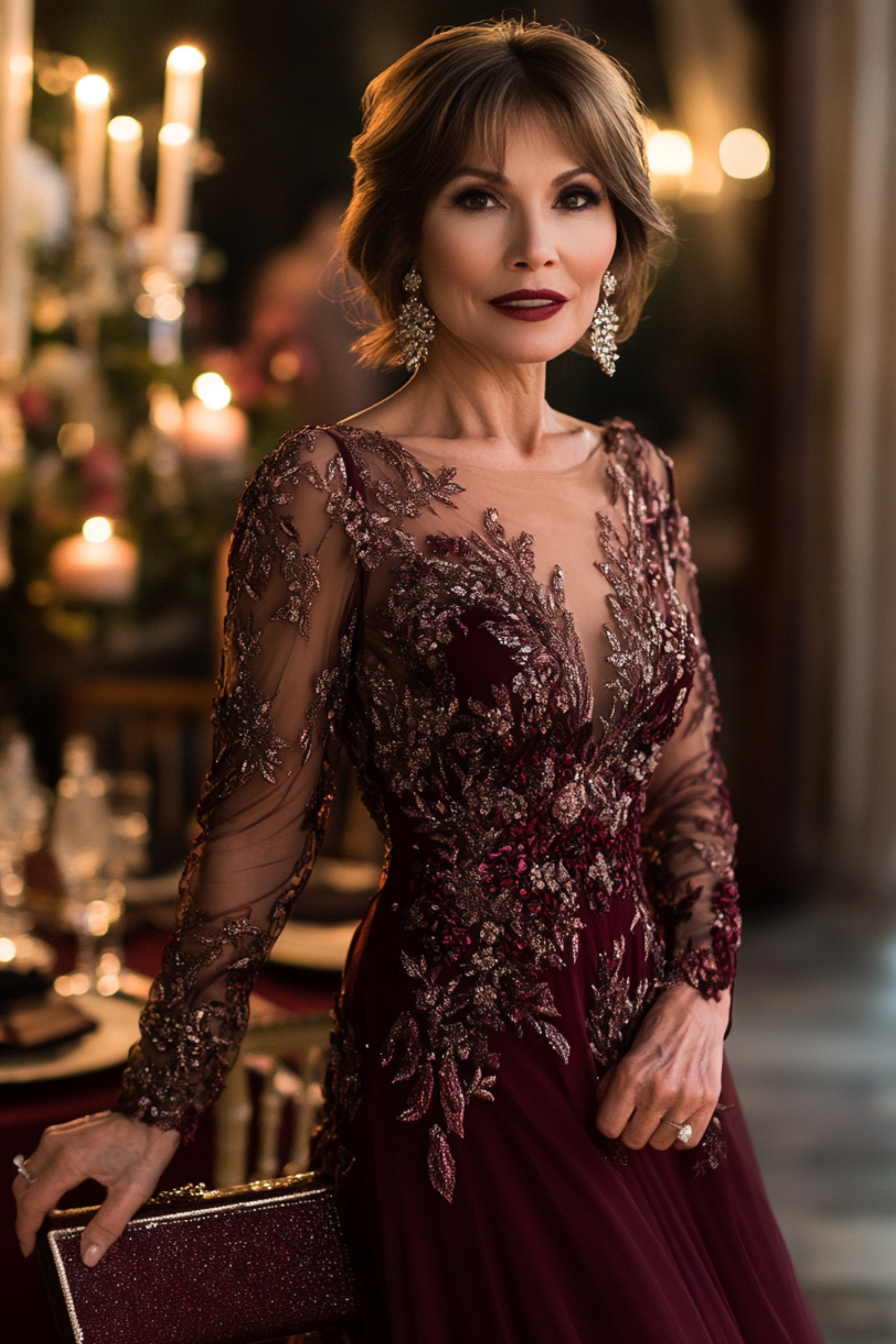 A sophisticated woman over 40 in a burgundy A-line dress with sheer long sleeves and floral embroidery, holding a matching clutch and posing near a wedding reception table