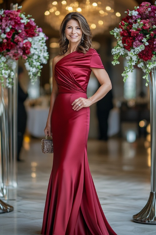 A sophisticated woman over 40 in a ruby red column gown with an elegant draped shoulder detail, accessorized with metallic heels and a delicate clutch