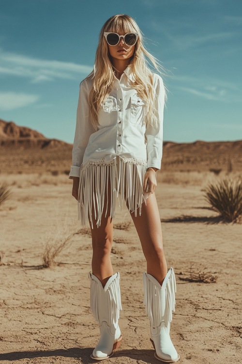 A stylish festival-goer in a white button-up dress with fringe details, paired with white cowboy boots and oversized cat-eye sunglasses, standing in a dry desert setting