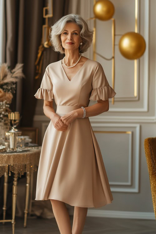 A stylish mature woman in a tea-length champagne-colored A-line cocktail dress with a V-neckline and flutter sleeves