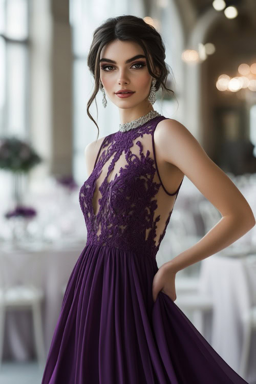 A stylish woman in a deep purple A-line gown with a sheer lace bodice and long flowing skirt, styled with silver jewelry and a soft updo