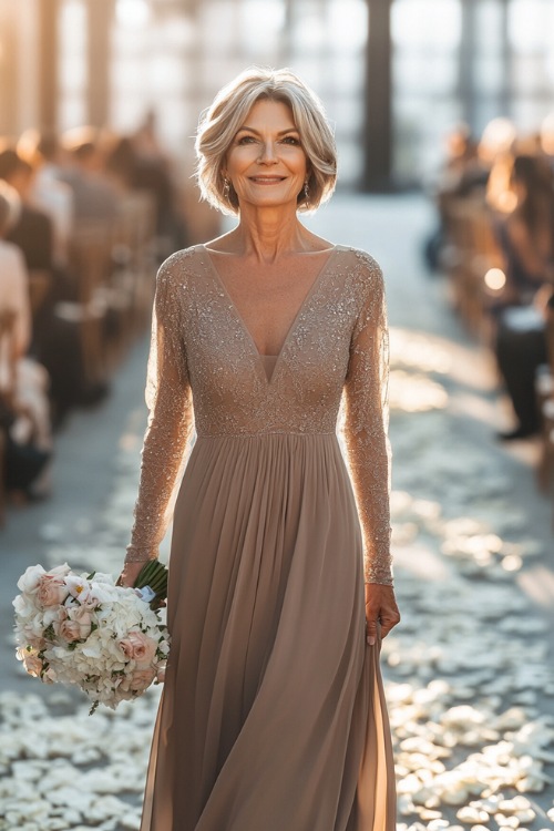 A stylish woman over 40 in a floor-length A-line dress with sheer sleeves and an elegant V-neck, walking through a wedding aisle lined