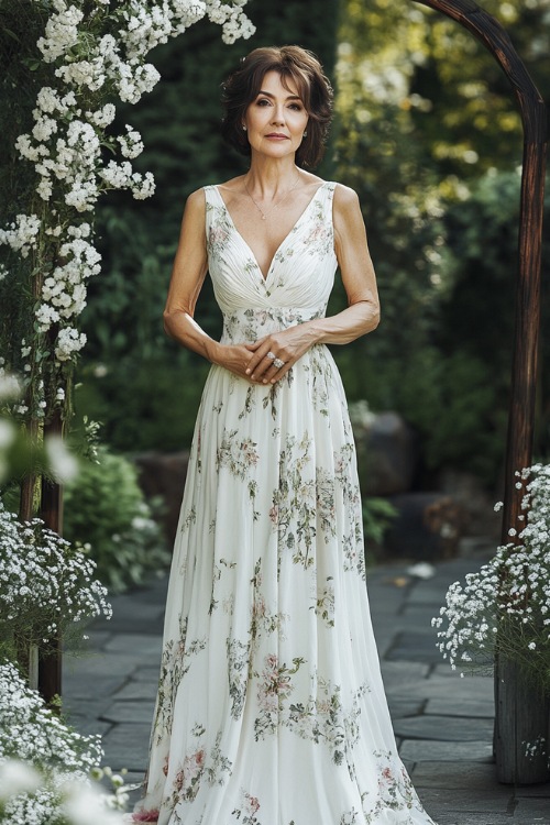 A stylish woman over 40 in a floor-length chiffon dress with a V-neckline, subtle floral prints, and a cinched waist, posing confidently at an outdoor garden wedding