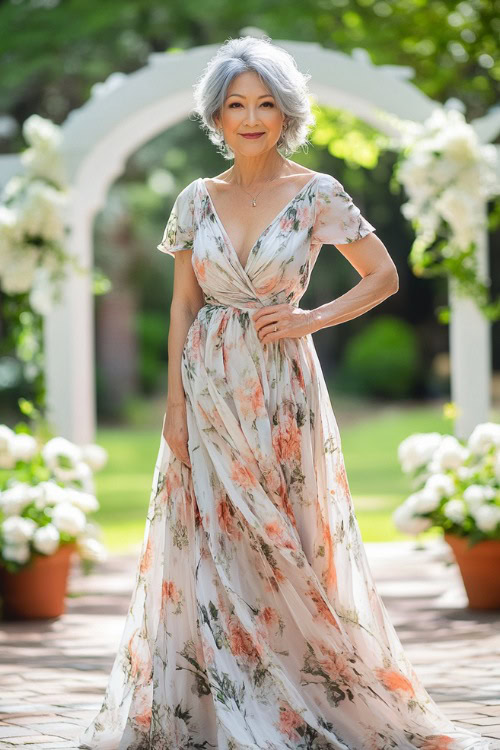 A stylish woman over 40 in a floor-length chiffon dress with a V-neckline, subtle floral prints, and a cinched waist