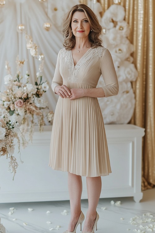 A stylish woman over 40 in a knee-length pleated dress with a modest V-neckline and lace overlay, accessorized with kitten heels