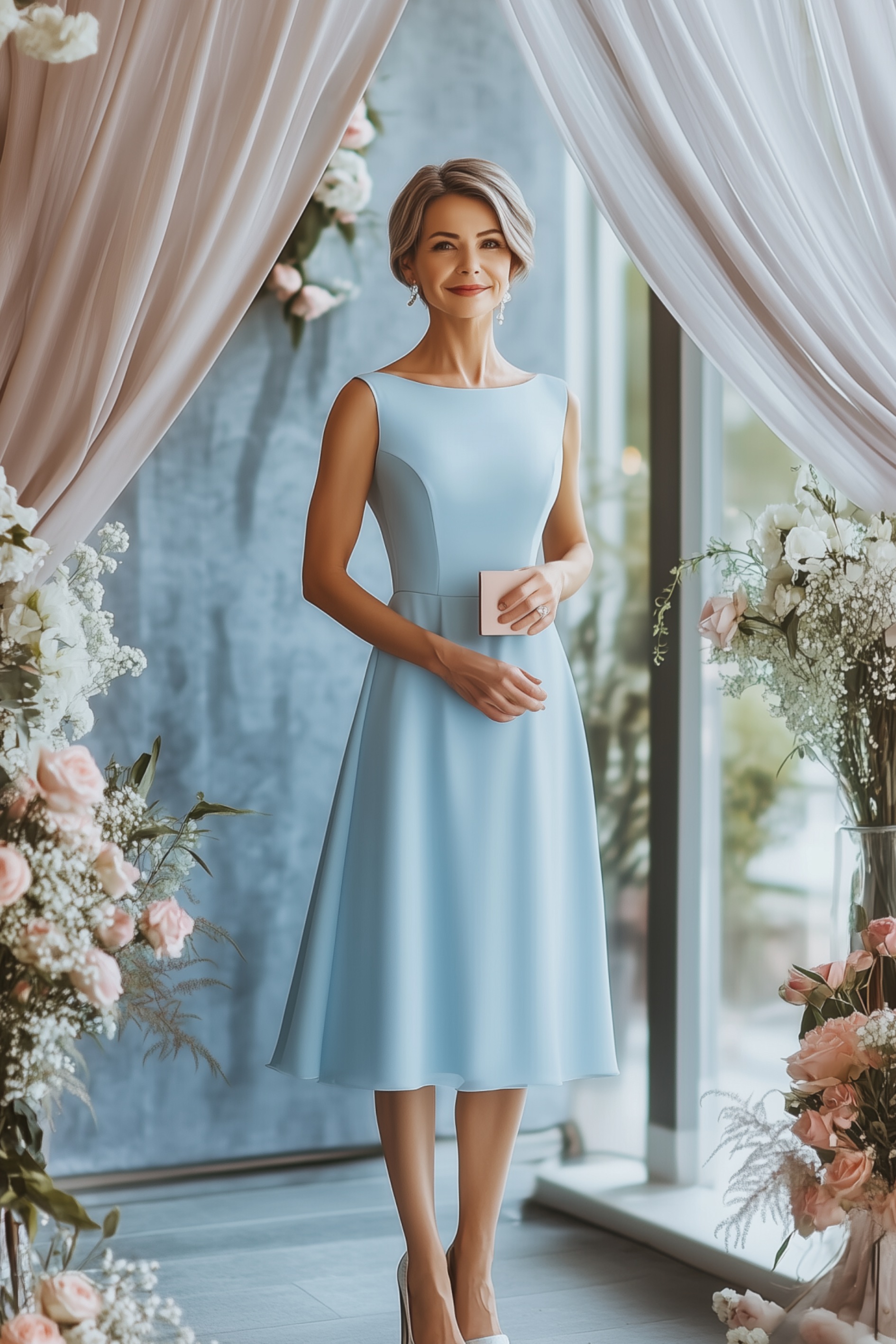 A stylish woman over 40 in a pastel blue midi dress with an illusion neckline and fitted waist, holding a small clutch while standing near a wedding venue’s entrance 