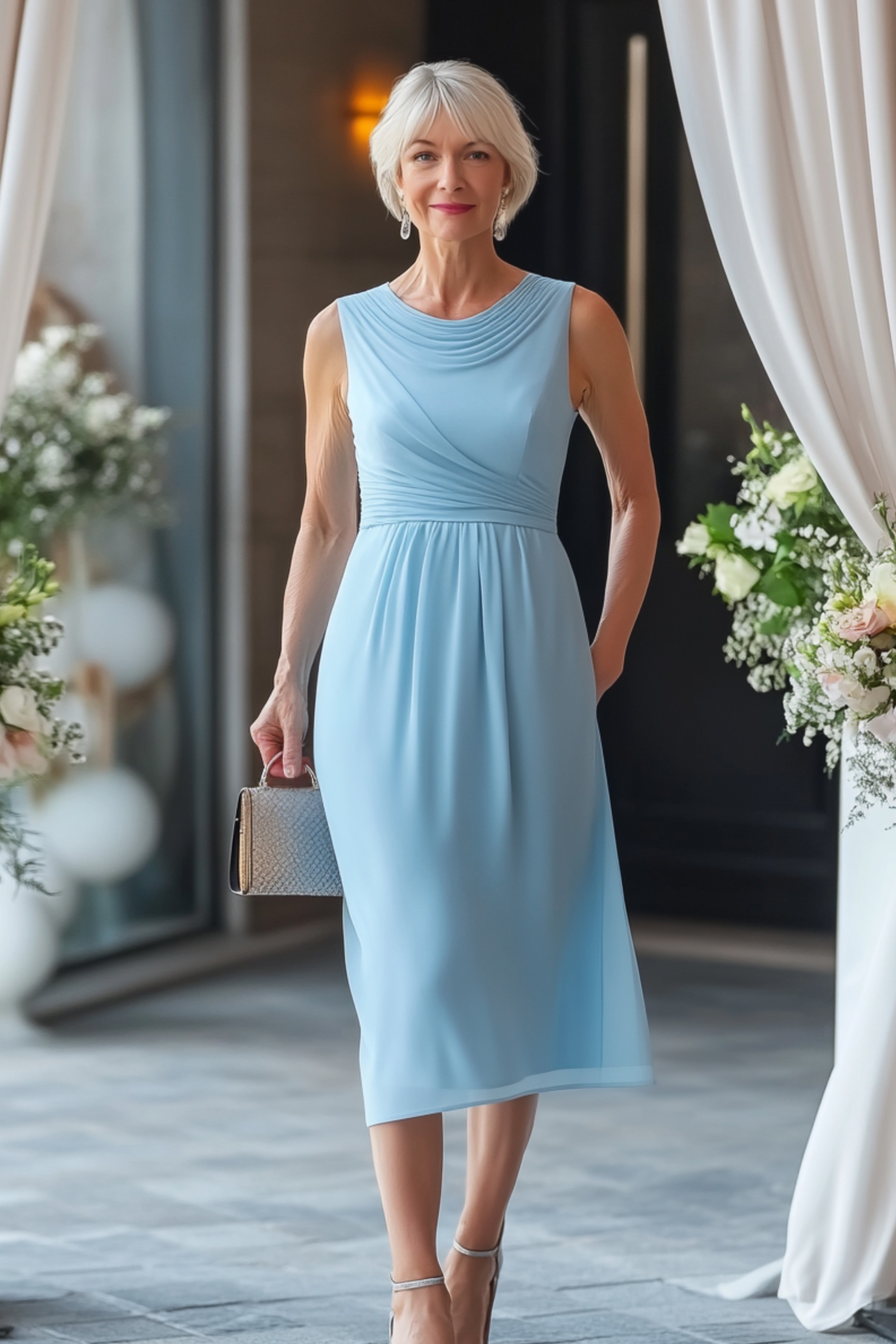 A stylish woman over 40 in a pastel blue midi dress with an illusion neckline and fitted waist, holding a small clutch while standing near a wedding venue’s entrance