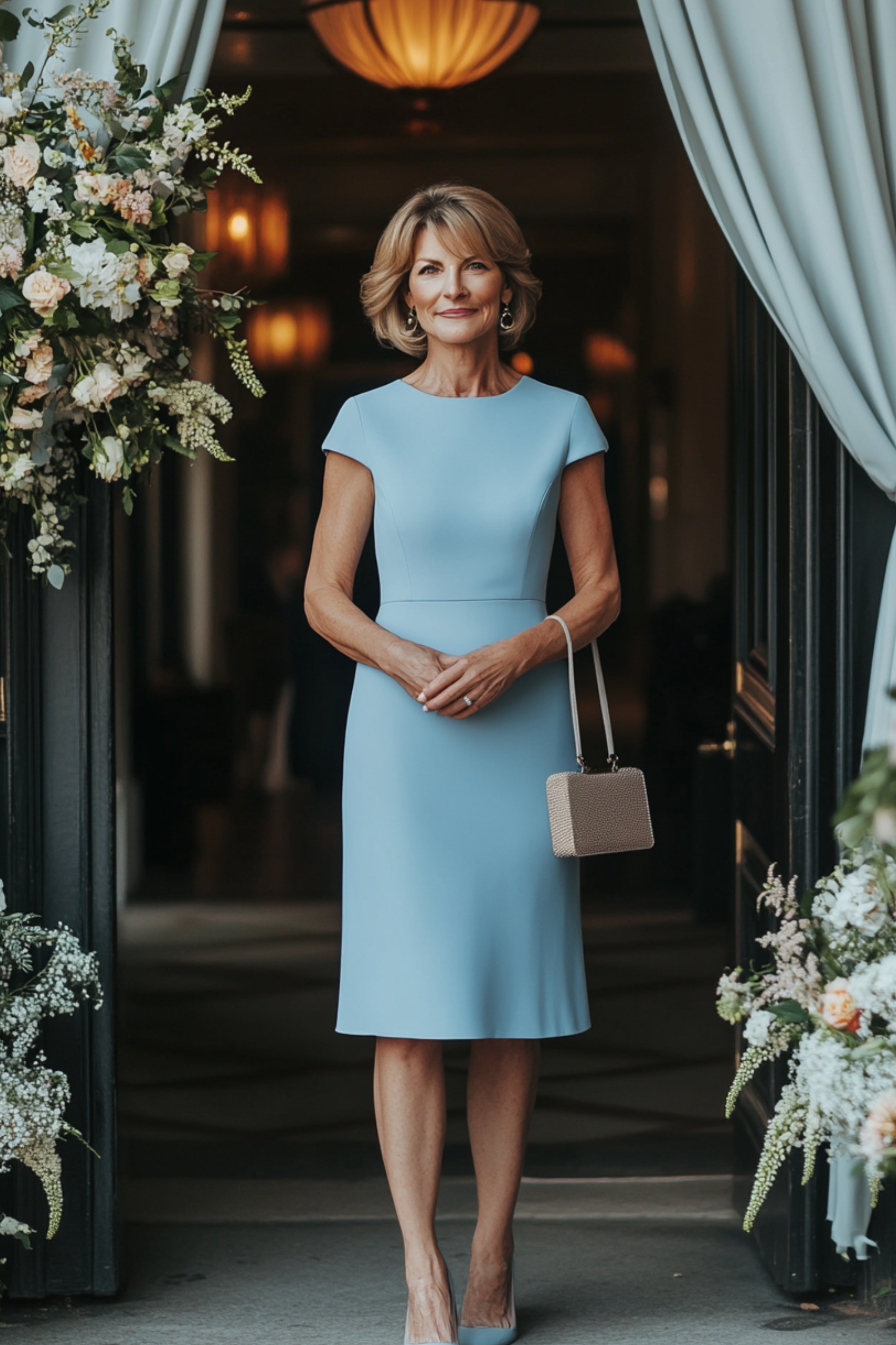 A stylish woman over 40 in a pastel blue midi dress with an illusion neckline and fitted waist, holding a small clutch