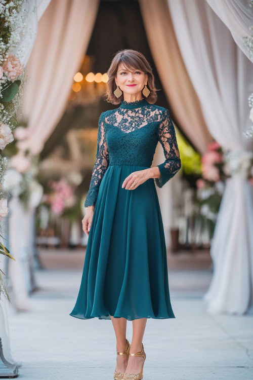 A stylish woman over 40 in a tea-length dark teal cocktail dress with a high neckline and lace sleeves, accessorized with gold earrings and heels