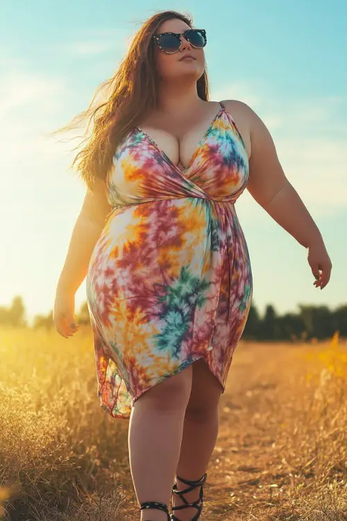 A trendy plus-size woman in a tie-dye wrap dress with a cinched waist, styled with lace-up gladiator sandals and oversized sunglasses