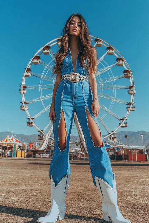 A western-inspired Coachella outfit featuring a denim jumpsuit with cut-out details, accessorized with white cowboy boots and a chunky belt,