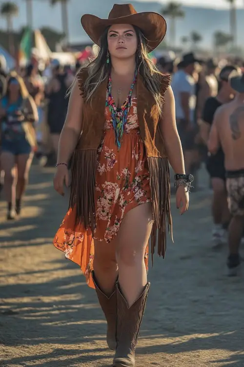 A western-inspired plus-size Coachella outfit featuring a suede fringe vest over a flowy floral dress, accessorized with cowboy boots and a wide-brim hat