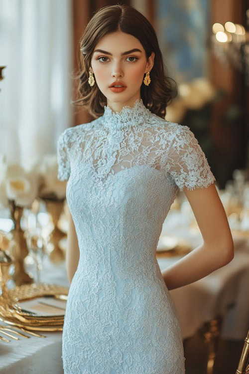 A woman in a baby blue knee-length lace dress with a fitted waist and sheer cap sleeves, standing near an elegant wedding reception with gold-accented dinnerware