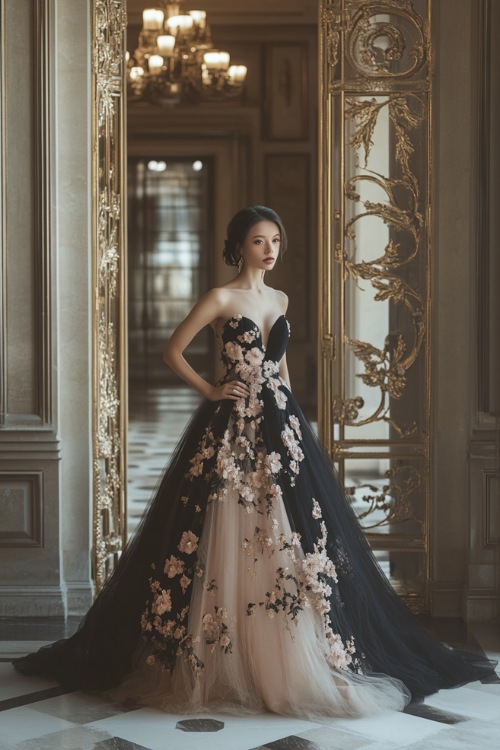 A woman in a black and blush floral midi dress with a fitted bodice and a tulle overlay, posing near a luxurious wedding ballroom entrance 