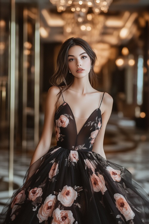 A woman in a black and blush floral midi dress with a fitted bodice and a tulle overlay, posing near a luxurious wedding ballroom entrance