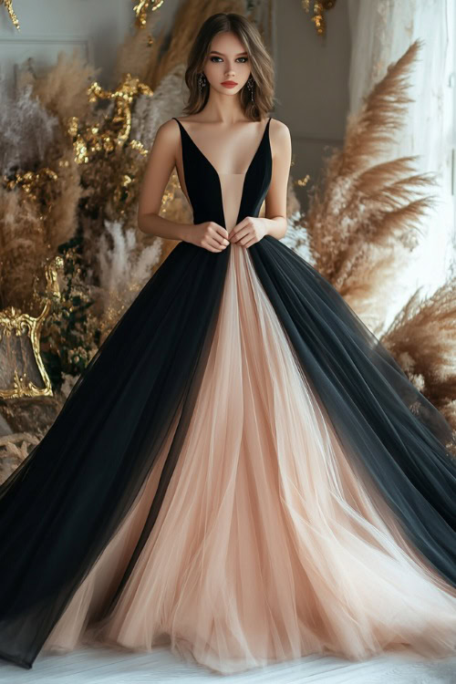 A woman in a black and blush two-tone tulle dress with a fitted satin bodice and dramatic full skirt, posing at an elegant evening wedding with golden decor