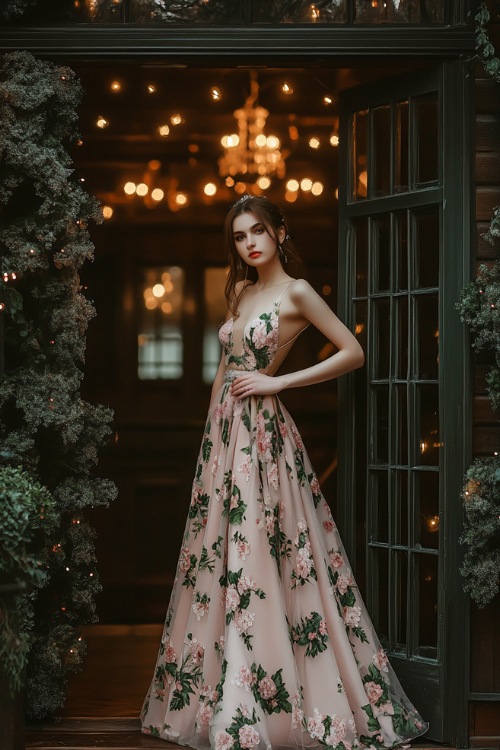 A woman in a blush pink and green floral-print tea-length dress with a cinched waist and soft pleats, standing beside a classic wedding venue entrance