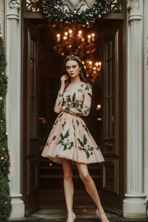 A woman in a blush pink and green floral-print tea-length dress with a cinched waist and soft pleats