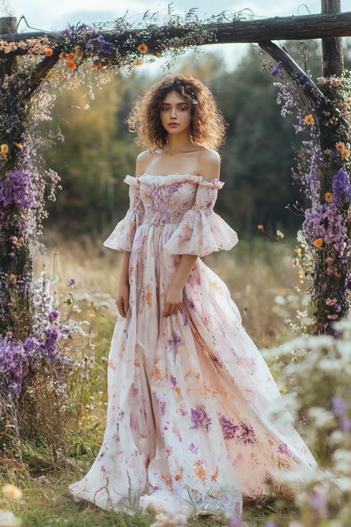 A woman in a blush pink and lilac floral chiffon maxi dress with an off-the-shoulder neckline, standing near a dreamy wedding arch adorned with wildflowers (2)