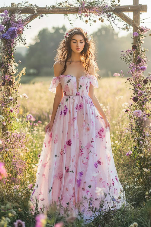 A woman in a blush pink and lilac floral chiffon maxi dress with an off-the-shoulder neckline, standing near a dreamy wedding arch adorned with wildflowers