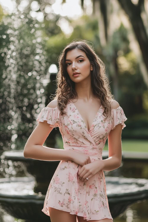 A woman in a blush pink knee-length dress with soft watercolor floral prints, a wrap silhouette, and flutter sleeves, posing near an elegant wedding fountain