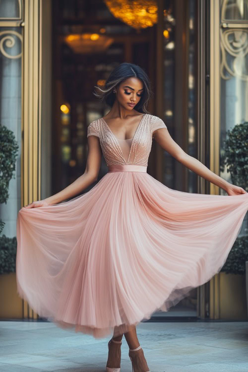 A woman in a blush pink knee-length tulle dress with cap sleeves and a cinched satin waist, twirling near an elegant outdoor wedding reception