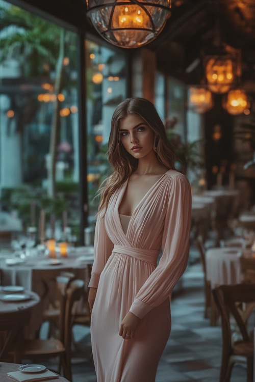 A woman in a blush pink midi-length wrap dress with long billowing sleeves, standing near a beautifully decorated wedding reception area with candlelit tables