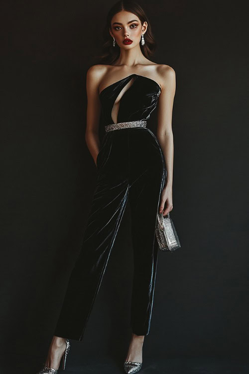 A woman in a bold one-shoulder velvet jumpsuit with cut-outs at the waist, styled with silver heels and an oversized clutch