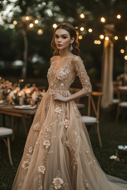 A woman in a champagne-colored floral embroidered maxi dress with sheer cap sleeves and a flowing A-line skirt