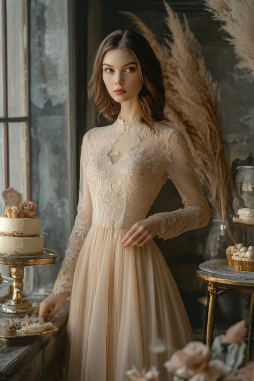 A woman in a champagne-colored knee-length fit-and-flare dress with lace detailing, a modest boat neckline, and sheer sleeves