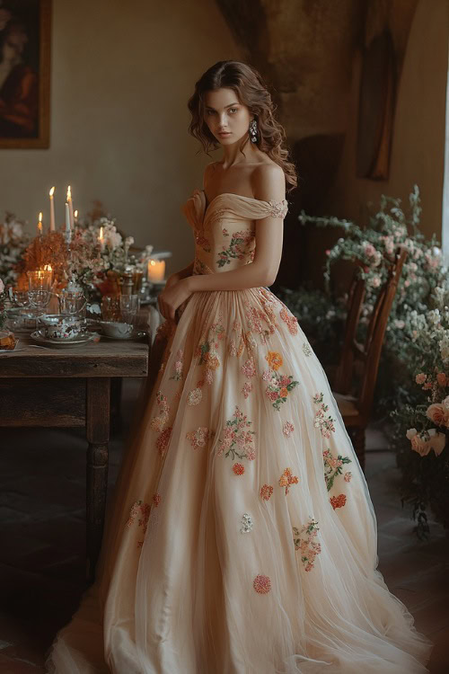 A woman in a champagne-colored midi dress with pastel floral embroidery, off-the-shoulder sleeves, and a flowy skirt