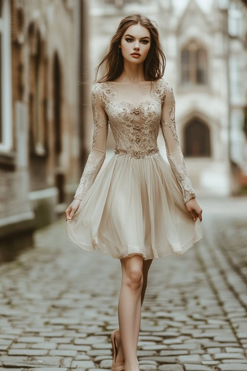 A woman in a champagne knee-length dress with a structured bodice, long sleeves, and delicate lace details, standing on a cobblestone wedding aisle