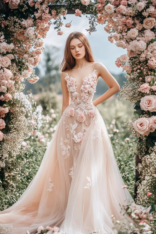 A woman in a champagne knee-length tulle dress with intricate floral appliqués on the bodice, standing under a wedding pergola adorned with soft pink roses