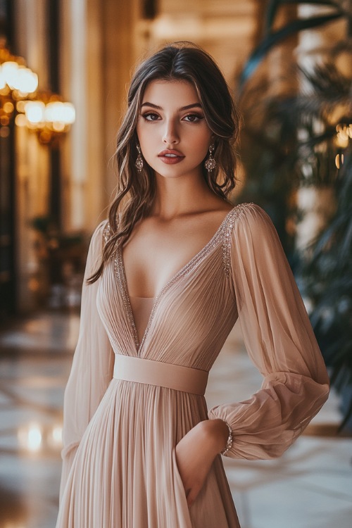 A woman in a champagne maxi dress with a belted waist and long sheer sleeves, posing near an elegant ballroom wedding reception