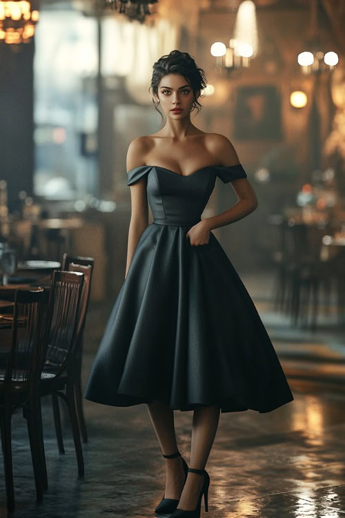 A woman in a charcoal grey midi-length cocktail dress with an off-the-shoulder neckline and structured corset bodice, styled with black leather heels,