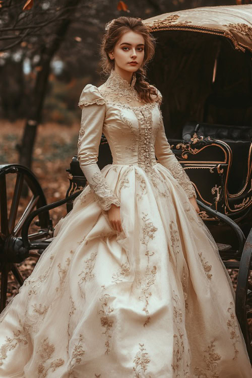 A woman in a cream knee-length dress with an A-line silhouette, subtle floral embroidery, and long sleeves, standing near a vintage wedding carriage (2)