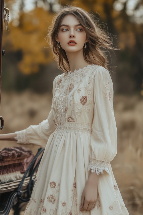 A woman in a cream knee-length dress with an A-line silhouette, subtle floral embroidery, and long sleeves, standing near a vintage wedding carriage