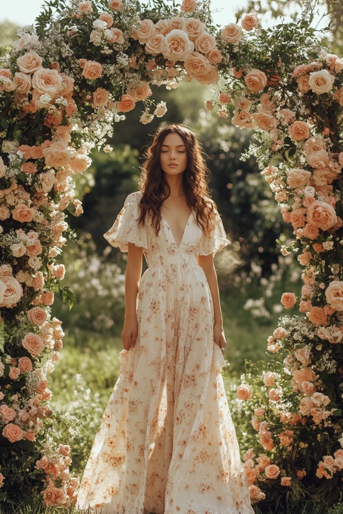 A woman in a cream midi-length floral wrap dress with flutter sleeves and a subtle ruffled hem, standing near a grand floral wedding arch adorned