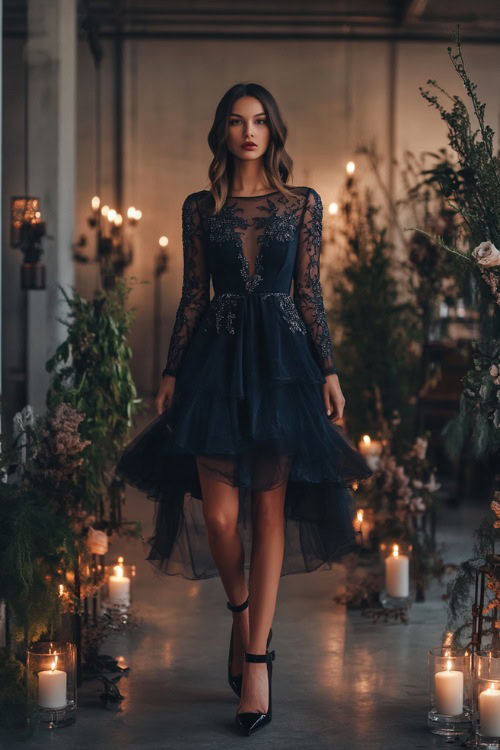 A woman in a dark navy blue midi-length cocktail dress with sheer mesh sleeves and silver embroidery, styled with platform heels