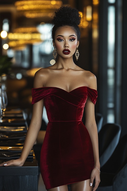 A woman in a deep red knee-length velvet cocktail dress with an off-the-shoulder neckline and statement earrings