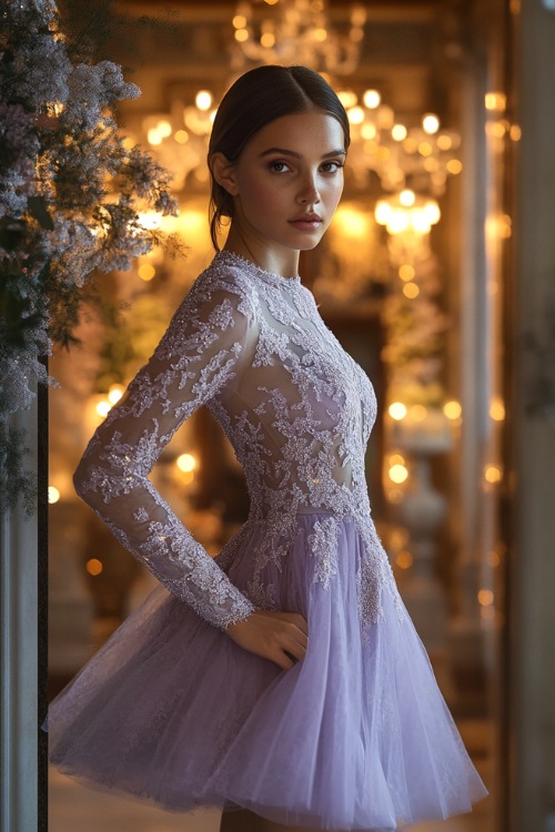 A woman in a dusty lavender knee-length cocktail dress with a lace overlay and sheer long sleeves