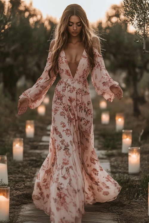 A woman in a dusty rose floral maxi dress with a deep V-neck and long flowy sleeves, walking along a candlelit wedding aisle at golden hour 