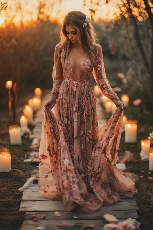 A woman in a dusty rose floral maxi dress with a deep V-neck and long flowy sleeves, walking along a candlelit wedding aisle at golden hour