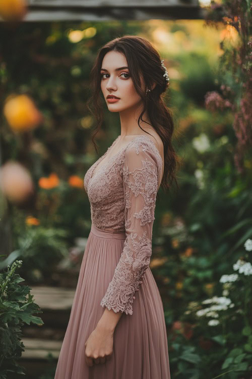 A woman in a dusty rose knee-length dress with a boat neckline, lace long sleeves, and a modest fitted waist, standing near an intimate garden wedding setting