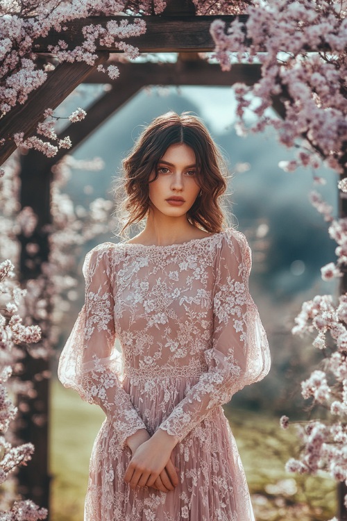 A woman in a dusty rose midi-length lace dress with sheer bishop sleeves, posing under an archway decorated with soft spring flowers