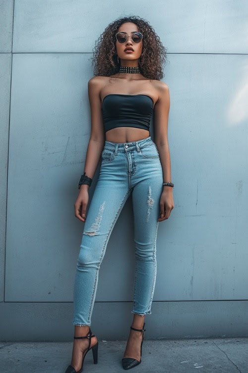 A woman in a fitted black bustier top paired with high-waisted light-wash jeans, accessorized with lace-up heels and a sleek mini handbag