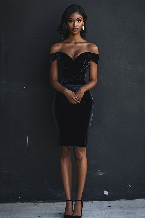 A woman in a fitted velvet midi dress with a sweetheart neckline, styled with black heels and a sleek clutch