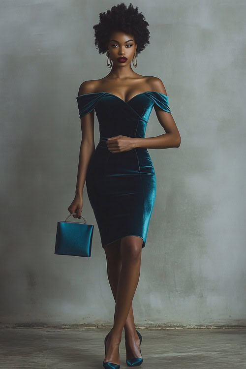 A woman in a fitted velvet midi dress with an off-the-shoulder neckline, styled with pointed heels and a mini handbag