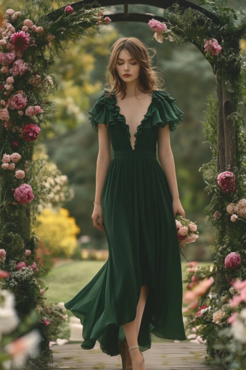 A woman in a forest green knee-length chiffon dress with a ruffled hem, standing gracefully near a floral archway at an outdoor wedding