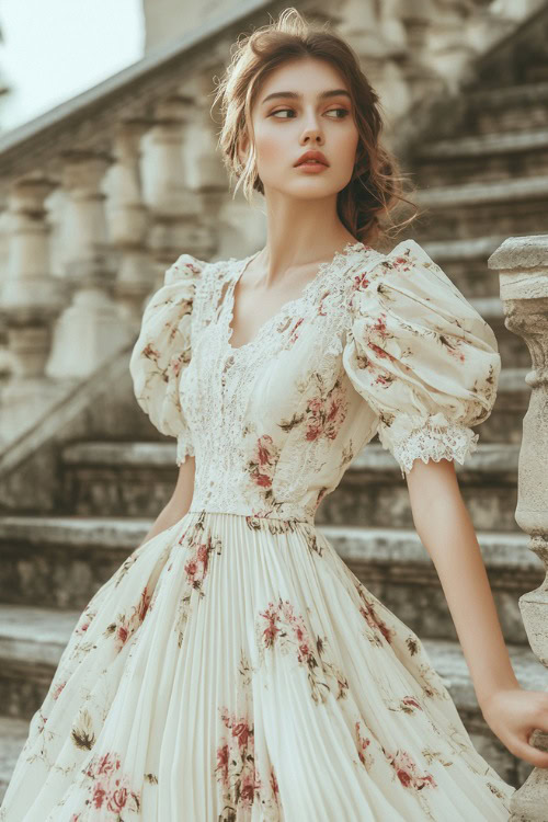 A woman in a ivory floral print tea-length dress with a pleated skirt and lace details, standing on a stone staircase at an elegant wedding venue